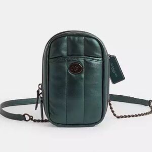 COACH Metallic Dark Green Leather Tall Quilted Camera Bag Metal Shoulder Strap